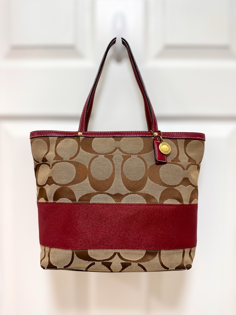 Coach Signature‎ Stripe Tote Bag Canvas Burgundy Leather Y2K Vintage 10124